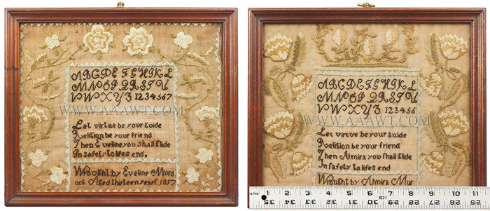 Antique Samplers, Pair, Done by Sisters, entire and ruler views
